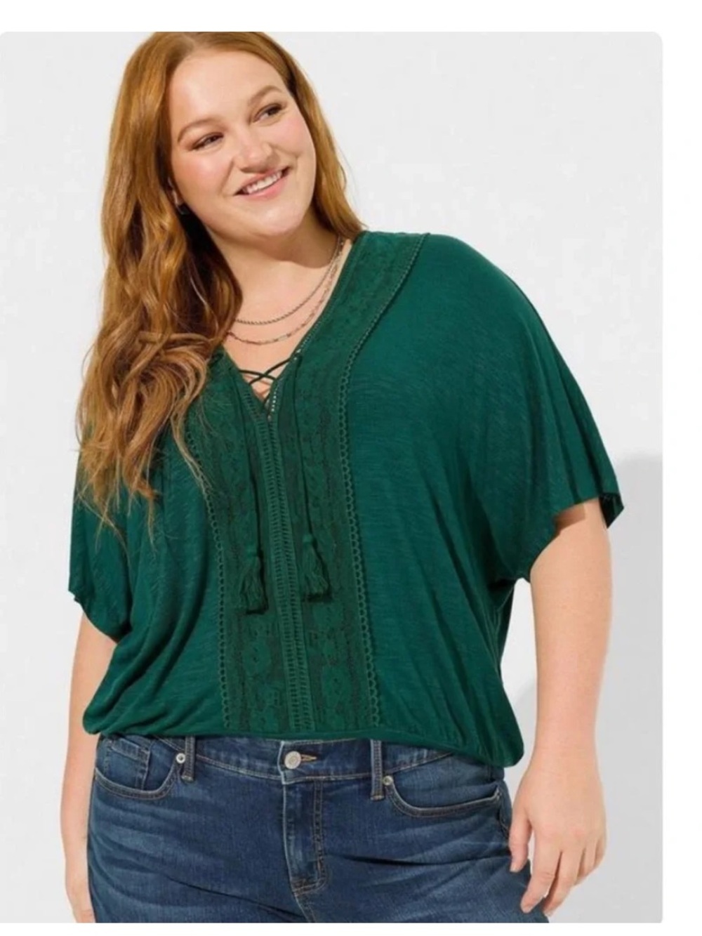 Torrid 5X Deep V Neck Lace Peasant Blouse Wing Dark Hunter Emerald Green Boho